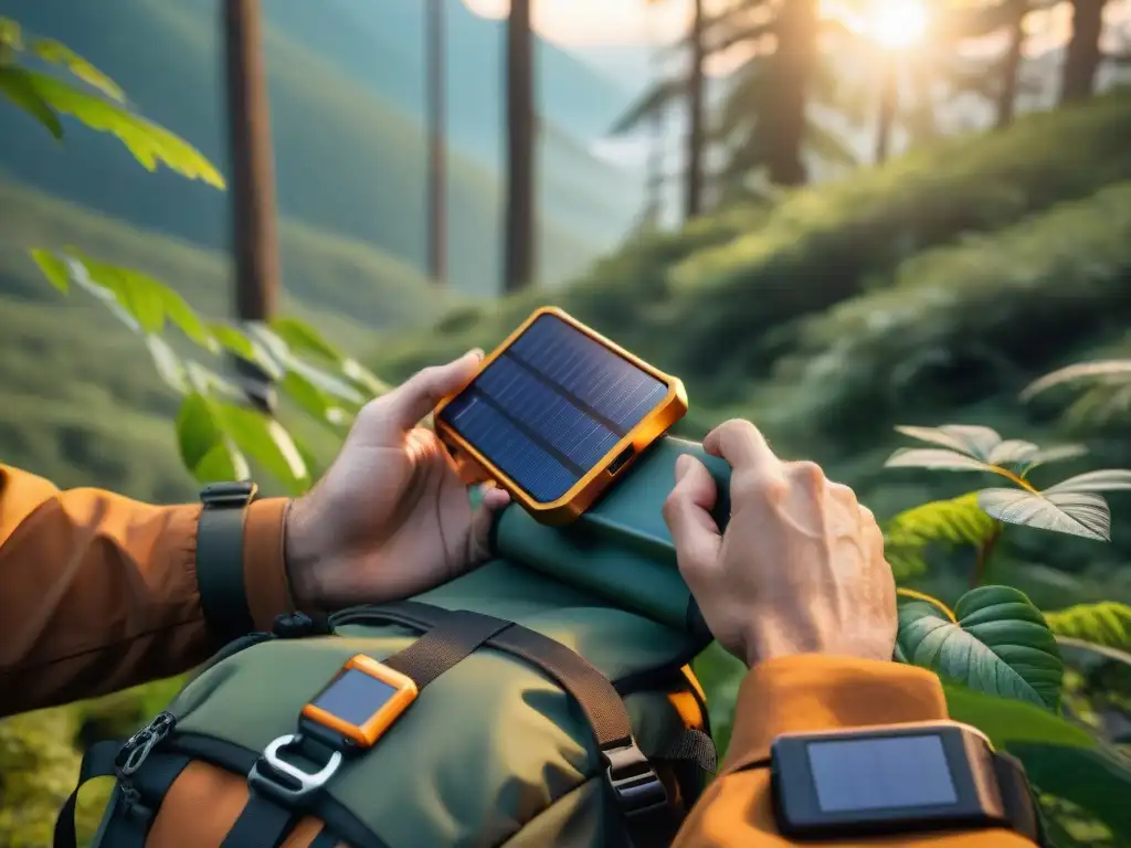 Preparación meticulosa: empacando cargadores solares para expedición Un excursionista prepara cuidadosamente su mochila con cargadores solares y baterías extras bajo la sombra del bosque