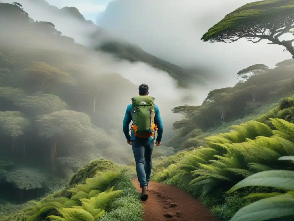 Senderismo en Uruguay: Hiker con mochila técnica en bosque exuberante Un excursionista con mochila técnica en un denso bosque uruguayo