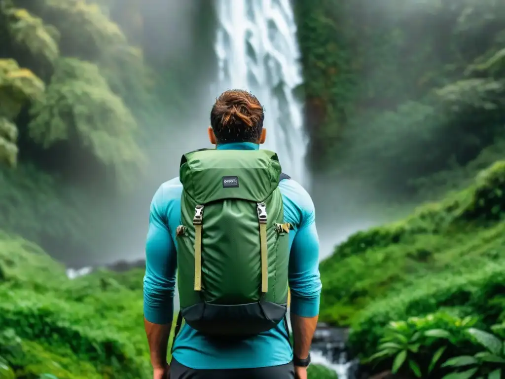 Un excursionista con mochila técnica impermeable bajo la lluvia en un bosque verde de Uruguay, mostrando resistencia y aventura