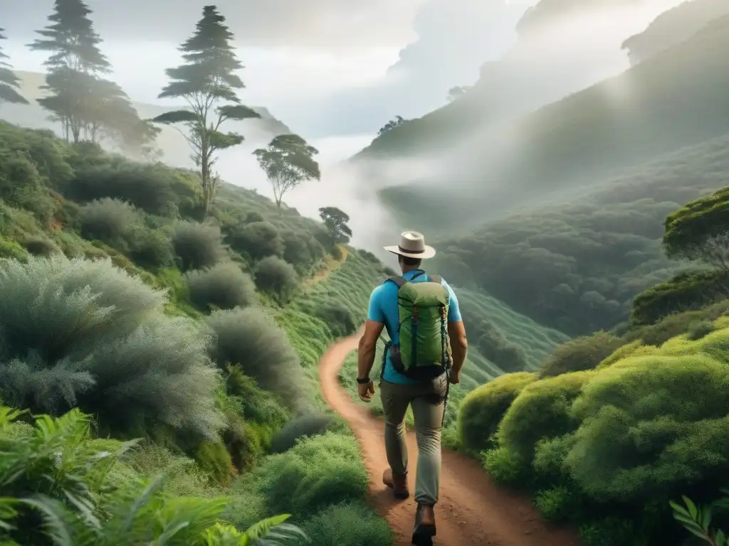 Explorador en paisajes verdes de Uruguay con mochila ultraligera Un excursionista con mochila técnica ultraligera recorriendo los verdes paisajes de Uruguay