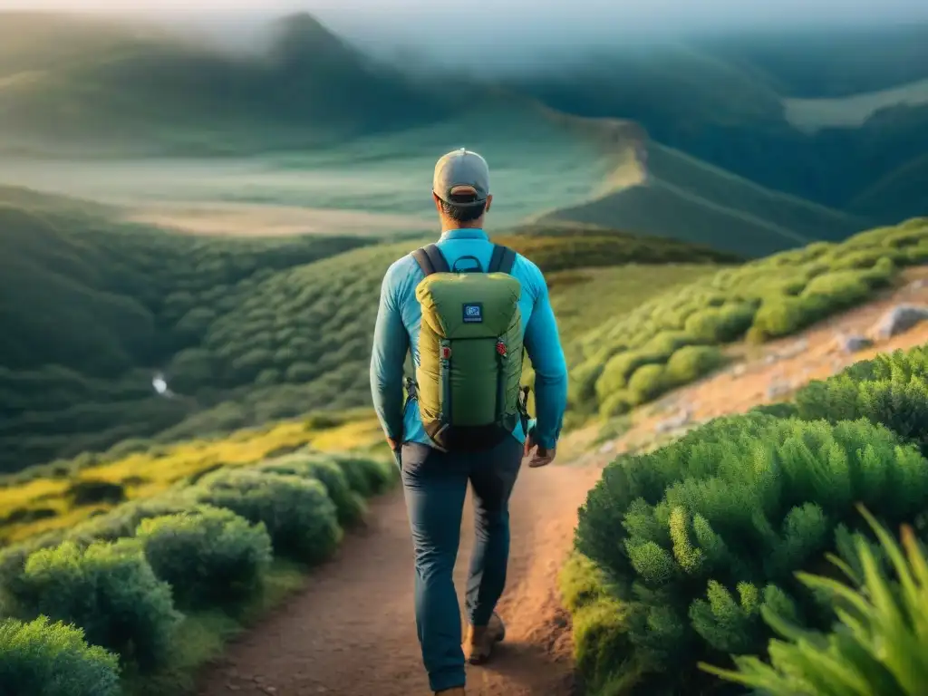 Senderista con mochila ultraligera en paisajes de Uruguay Un excursionista con mochila técnica ultraligera en los paisajes de Uruguay