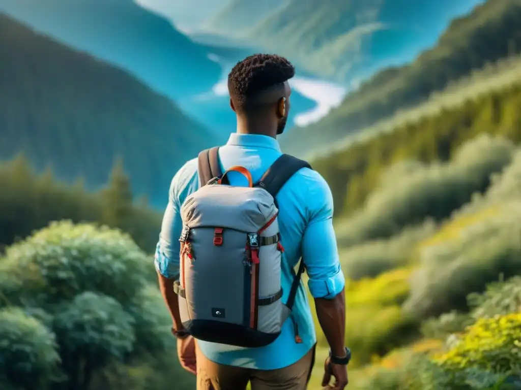 Explorador conectado: tecnología para aventureros en la naturaleza Un excursionista con tecnología wearable para campistas, en un bosque extenso y cielo despejado