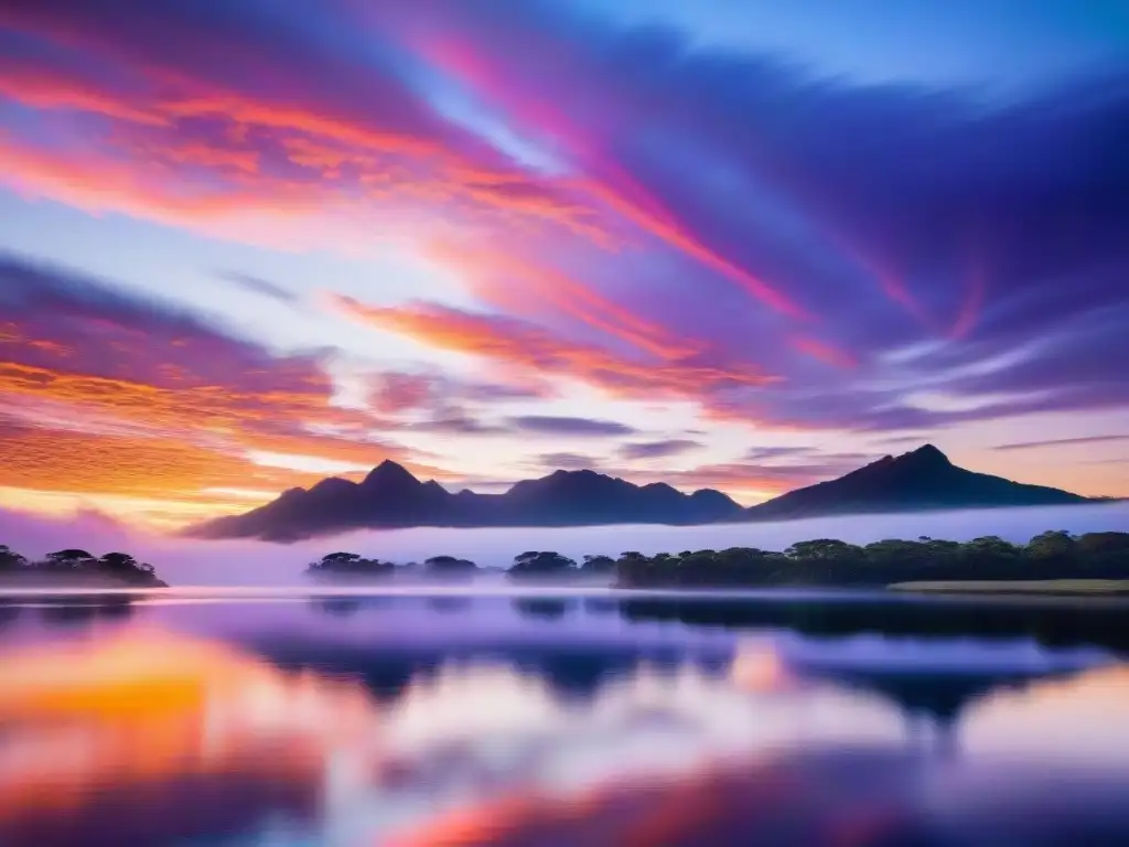 Espectacular amanecer en lago uruguayo: naturaleza en su máximo esplendor Experiencia camping Uruguay naturaleza: Amanecer impresionante sobre lago tranquilo, reflejos de verdor y cielo pintado en tonos vibrantes