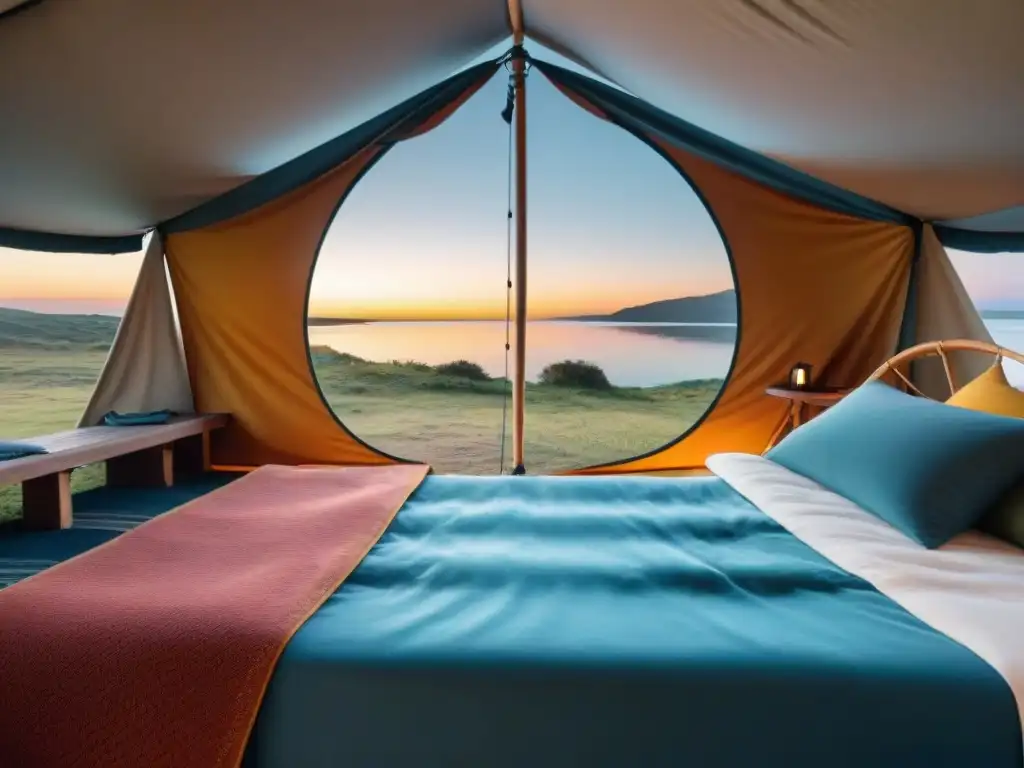 Acampar de lujo en Uruguay: tendencia 8k junto al lago Una experiencia de camping de lujo en Uruguay con tienda elegante, muebles al aire libre y vista al lago al atardecer