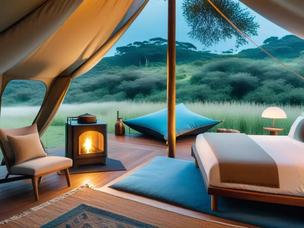 Tienda de lujo en Uruguay: glamping entre naturaleza exuberante Experiencia de camping de lujo en Uruguay, tienda elegante en la naturaleza exuberante y cielo azul