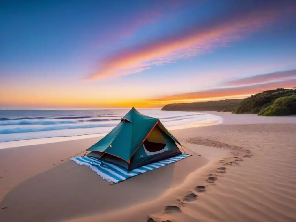 Tranquilidad al amanecer: camping en la playa de Uruguay Experiencia camping sin tecnología en playa uruguaya al amanecer, con colores vibrantes en el cielo y una figura practicando yoga