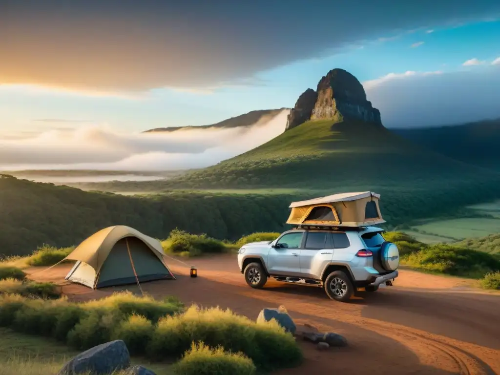 Acampando en Uruguay: Aventura en la Naturaleza Experiencia de camping con tiendas de techo en un entorno natural y acogedor al atardecer en Uruguay