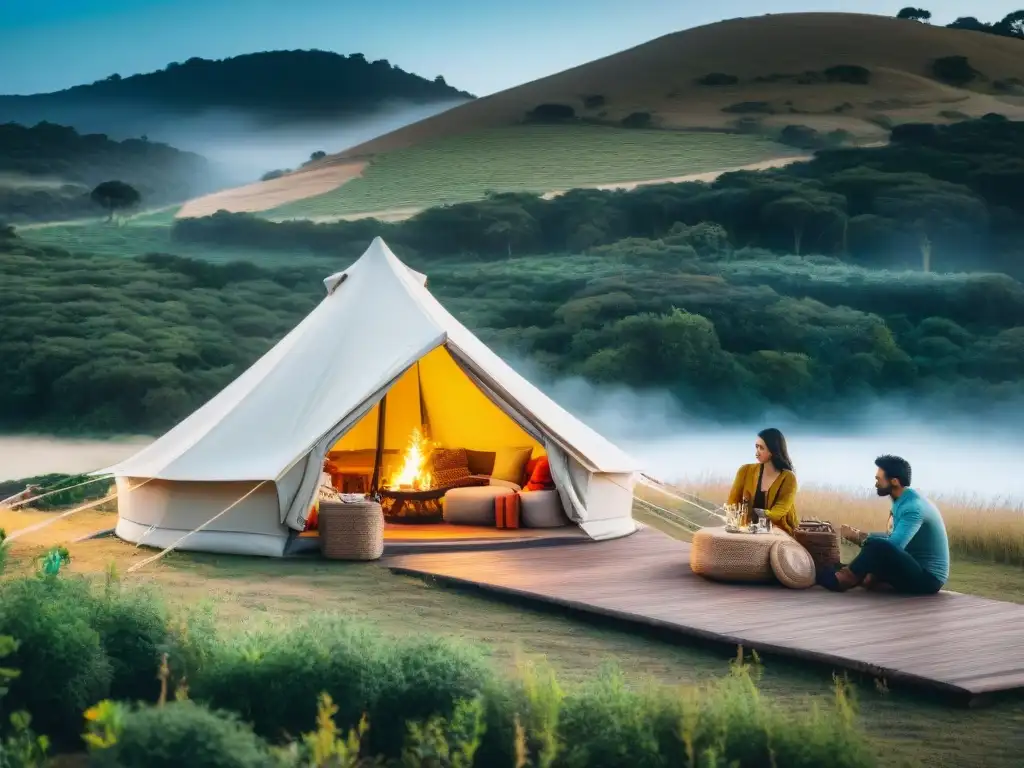 Experiencia de glamping familiar en Uruguay: atardecer sereno y naturaleza Experiencia de glamping en Uruguay con niños: atardecer sereno, tienda lujosa, familia junto a fogata y paisaje natural exuberante