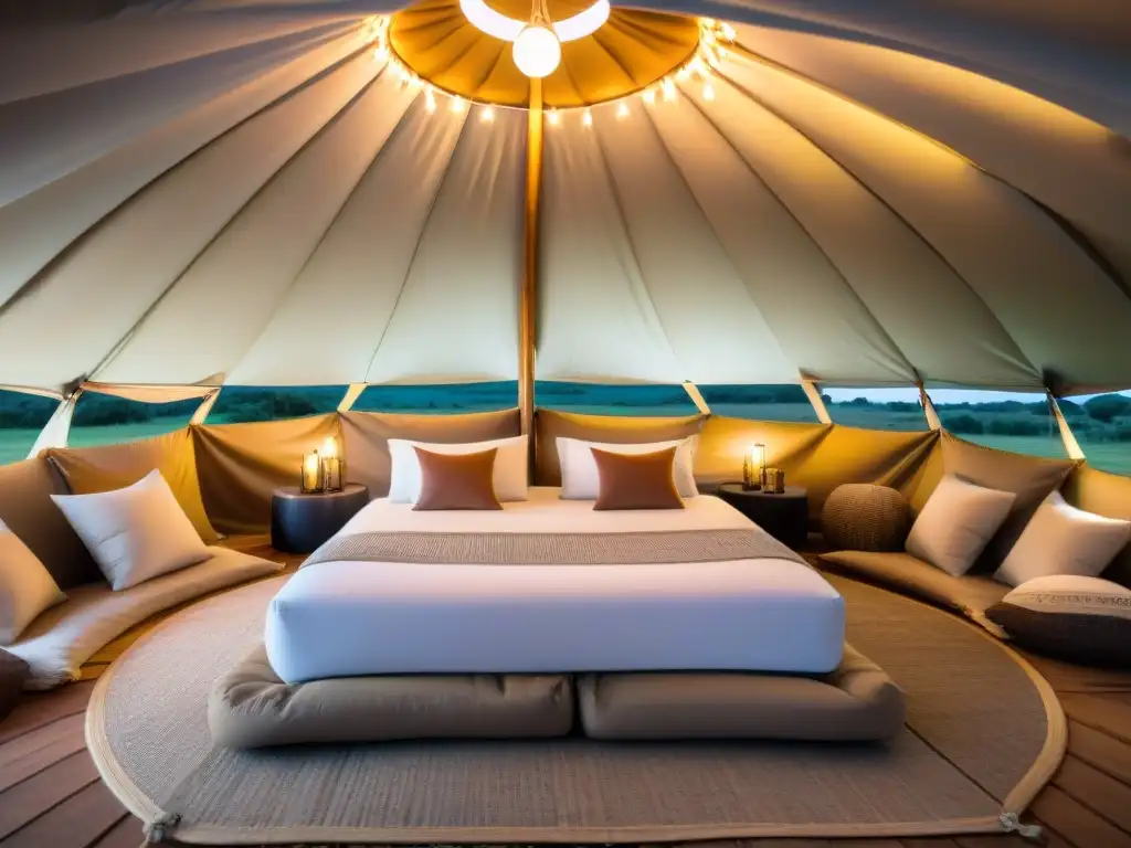 Glamping de lujo bajo las estrellas en Uruguay Experiencia de glamping de lujo en Uruguay bajo un cielo estrellado, con camas inflables adornadas