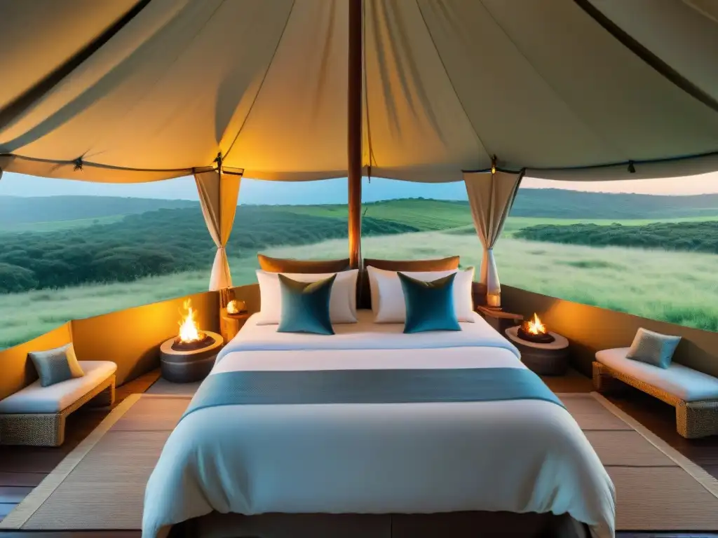 Experiencia de glamping en Uruguay: lujo y naturaleza Experiencia de glamping lujosa en el campo de Uruguay, rodeada de naturaleza exuberante y cielo azul