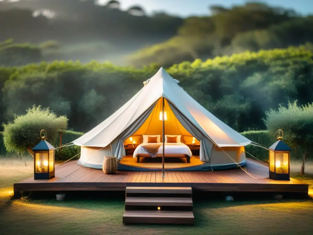 Glamping de lujo al atardecer en Uruguay Experiencia de glamping en Uruguay: lujosa carpa entre la naturaleza con atardecer dorado y mobiliario elegante iluminado por luces