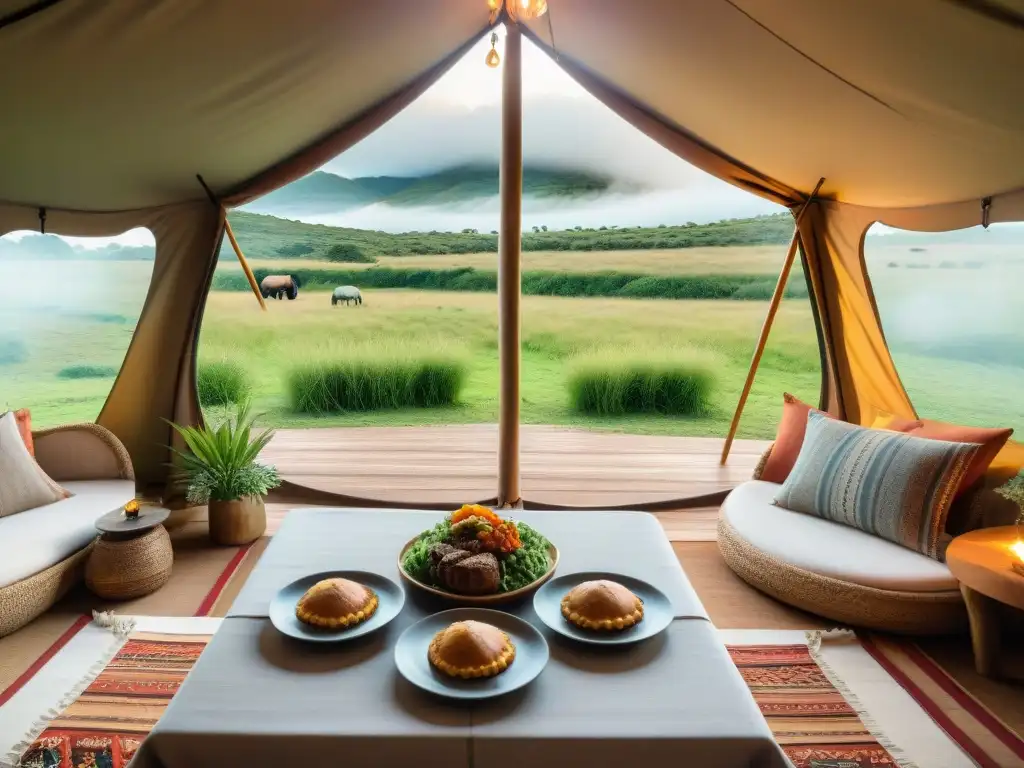 Glamping de lujo en Uruguay: tentación gastronómica en la naturaleza Experiencia de glamping y gastronomía en Uruguay: lujosa carpa en la naturaleza con mesa de comidas tradicionales