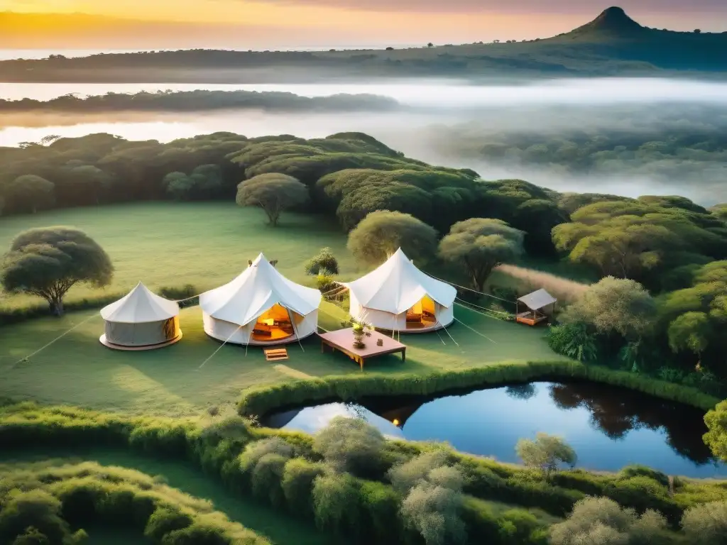 Glamping de lujo en Uruguay: Naturaleza, confort y exquisitez Experiencia de lujo y gastronomía en glamping en Uruguay, con tienda elegante y cena gourmet al atardecer junto al lago