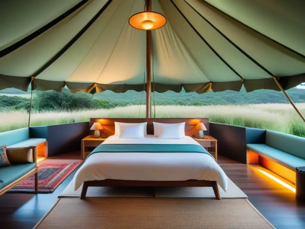 Glamping de lujo en Uruguay: Una experiencia única en la naturaleza Experiencia de lujo en Glamping Uruguay: tienda espaciosa con cama king, decoración elegante y vistas naturales serenas