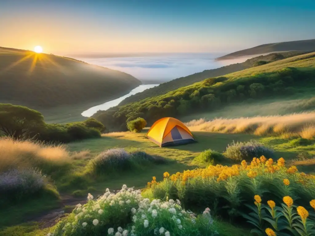 Campamento sereno en Uruguay: puesta de sol entre colinas Experiencias de camping en Uruguay: Acogedor campamento en la naturaleza uruguaya al atardecer, con tienda y fogata