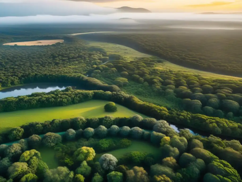 Campamento en Uruguay: Naturaleza exuberante al atardecer Experiencias de camping en Uruguay: Vista aérea de bosques verdes con un río serpenteante y un campamento bajo los árboles al atardecer