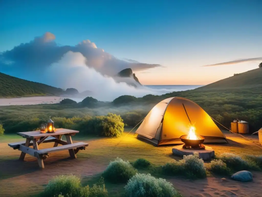 Campamento sereno en Uruguay: naturaleza diversa y tranquilidad Experiencias camping Uruguay: belleza y diversidad en un tranquilo campamento rodeado de flora y fauna nativa bajo un cielo azul claro