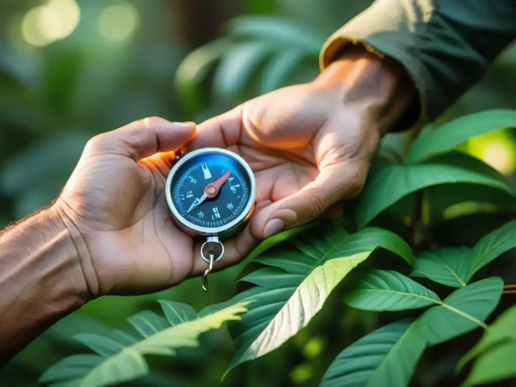 Experto en supervivencia: Navegación precisa en la selva uruguaya Un experimentado instructor de supervivencia usa una brújula en la densa selva uruguaya, resaltando técnicas de orientación en selva