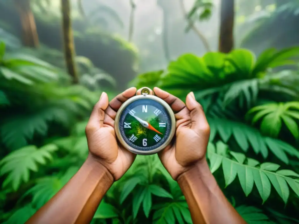 Explorador de la jungla experto: brújula, mapa y naturaleza exuberante Un experimentado navegante de la selva sostiene brújula y mapa, rodeado de exuberante vegetación, guiando con técnicas de orientación en selva