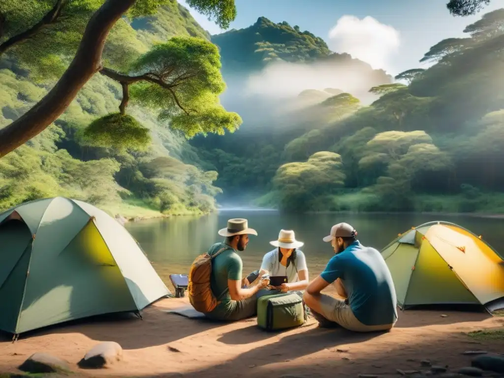 Exploradores expertos utilizando GPS en un bosque de Uruguay Experimentados campistas configurando un GPS en un frondoso bosque de Uruguay, con el sol filtrándose entre los árboles