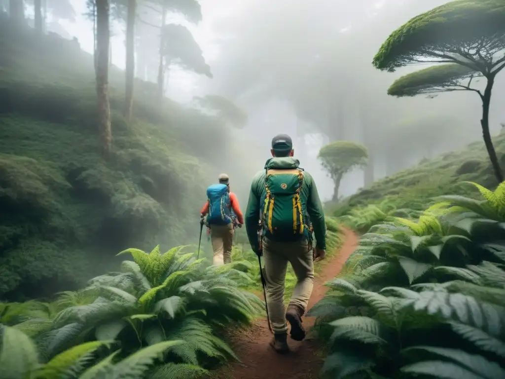 Excursión de expertos en bosque uruguayo con mochilas técnicas de alta gama Experimentados campistas con mochilas técnicas para camping en Uruguay, explorando un exuberante bosque verde