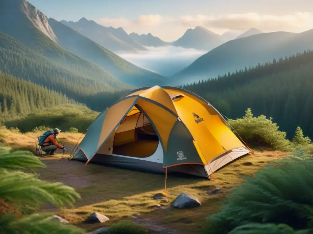 Campistas expertos montando una tienda de lujo al amanecer en el bosque Experimentados campistas montando una tienda de campaña de alta gama en un bosque denso al amanecer