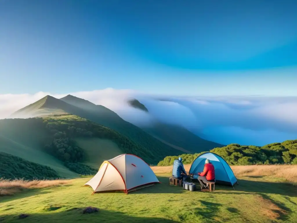 Campamento en Uruguay: expertos arman carpa en paraíso natural Experimentados campistas armando tienda de campaña en Uruguay, rodeados de naturaleza
