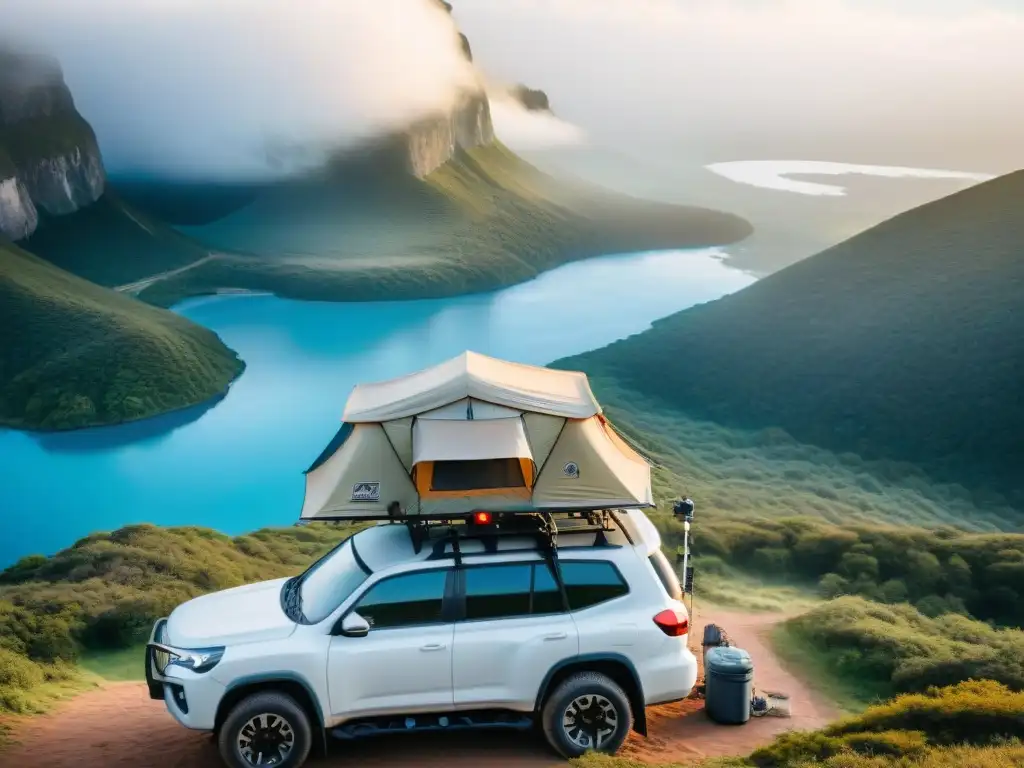 Expertos campistas arman tienda en techo de vehículo en camping de Uruguay Experimentados campistas montando tienda de techo en vehículo, rodeados de naturaleza en Uruguay