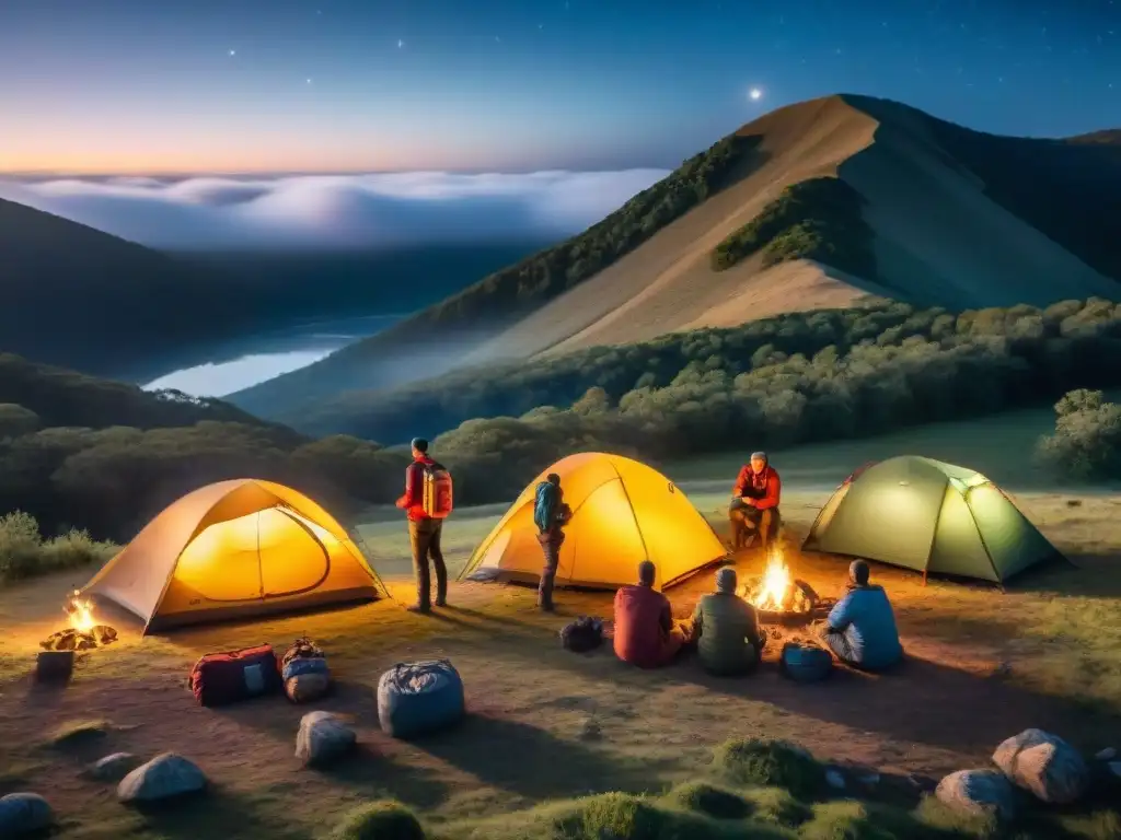 Campamento estelar en la naturaleza de Uruguay Experimentados campistas montan tiendas bajo un cielo estrellado en la vasta naturaleza de Uruguay