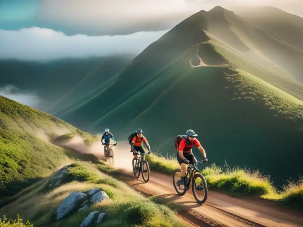 Experimentados ciclistas de montaña en Uruguay Experimentados ciclistas de montaña recorren senderos en Uruguay, rodeados de exuberante vegetación