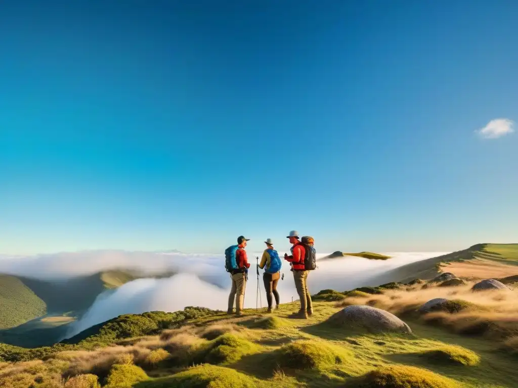 Exploradores expertos con GPS de primera en la naturaleza de Uruguay Experimentados excursionistas utilizando GPS de alta calidad mientras exploran la naturaleza de Uruguay