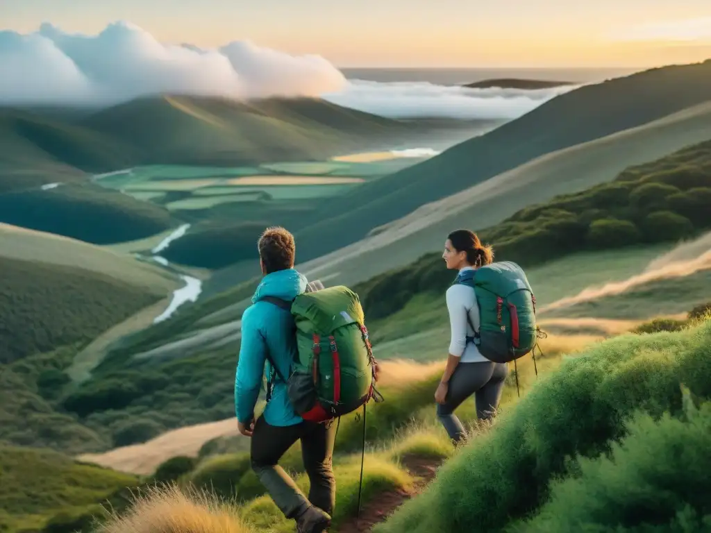 Exploradores expertos en las colinas de Uruguay con mochilas técnicas Experimentados excursionistas con mochilas técnicas exploran terreno uruguayo, cruzando arroyos y acampando al atardecer