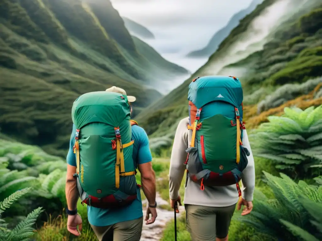 Exploradores expertos con mochilas técnicas de alta gama en Uruguay Experimentados excursionistas con mochilas técnicas de calidad superior, explorando bosques verdes en Uruguay