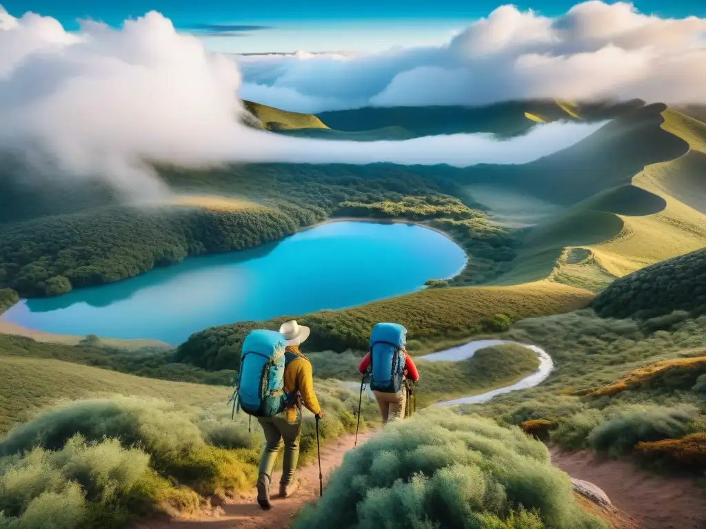 Expedición en Uruguay: expertos campistas con mochilas técnicas Experimentados excursionistas con mochilas técnicas recorren paisajes de Uruguay