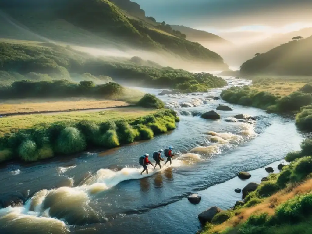 Travesía épica: expertos cruzan río en Uruguay Experimentados excursionistas cruzan un río en Uruguay, demostrando técnicas de orientación en el paisaje agreste