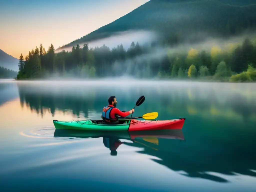 Kayakers experimentados surcando el lago al atardecer Experimentados kayaker remando en un lago al atardecer en campamento