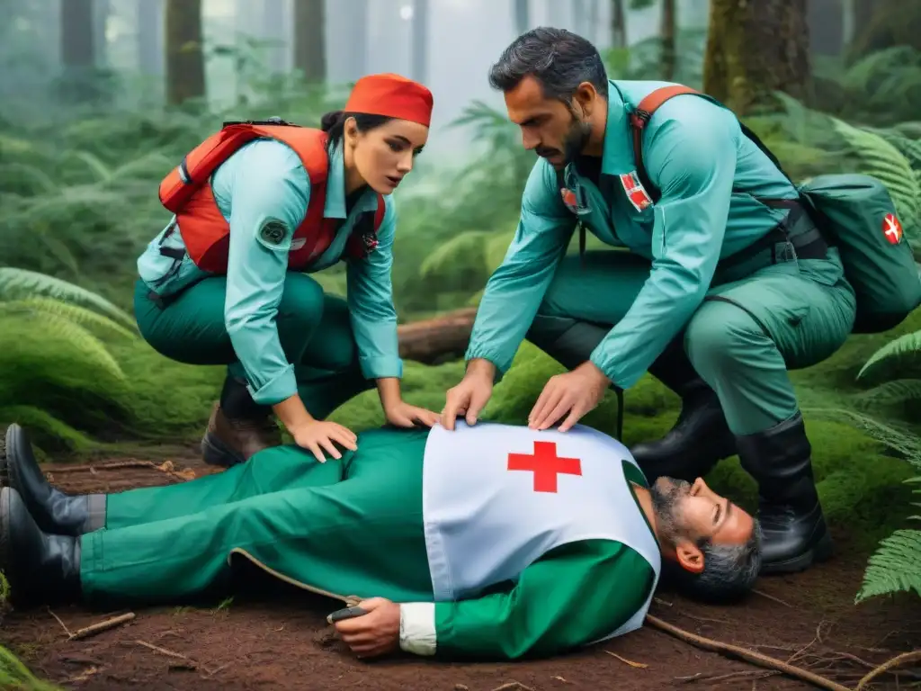 Equipo de primeros auxilios en acción en el bosque de Uruguay Experimentados primeros auxilios camping Uruguay atienden emergencia en frondoso bosque