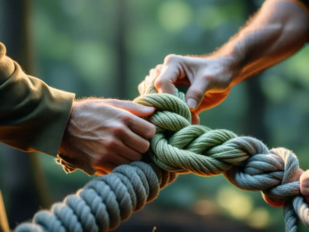 Maestría en nudos: manos expertas en acción en la naturaleza Un experto campista anudando con destreza una cuerda gruesa en un entorno boscoso