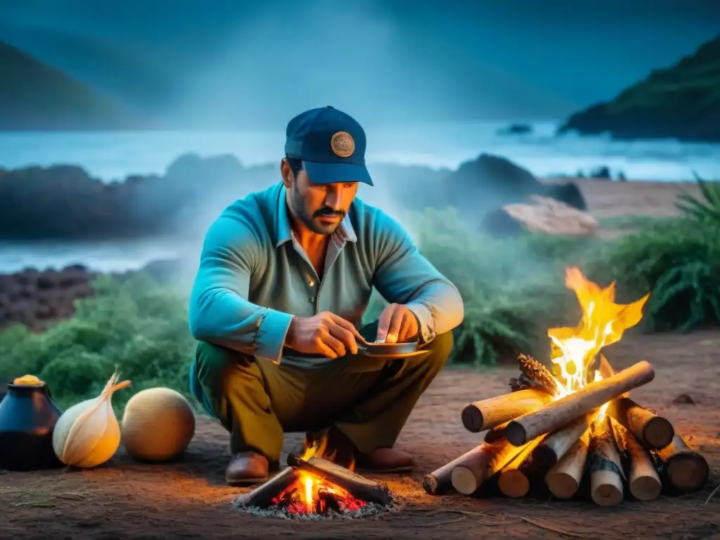 Maestro bushcrafter cocinando a la parrilla en Uruguay Un experto en bushcraft cocina a fuego abierto en Uruguay, preparando una comida tradicional con ingredientes locales