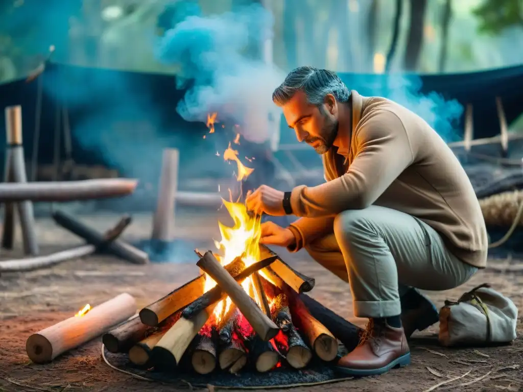Experto en supervivencia enciende fogata en Uruguay Experto camper en Uruguay enciende fogata en bosque denso, con chispas volando