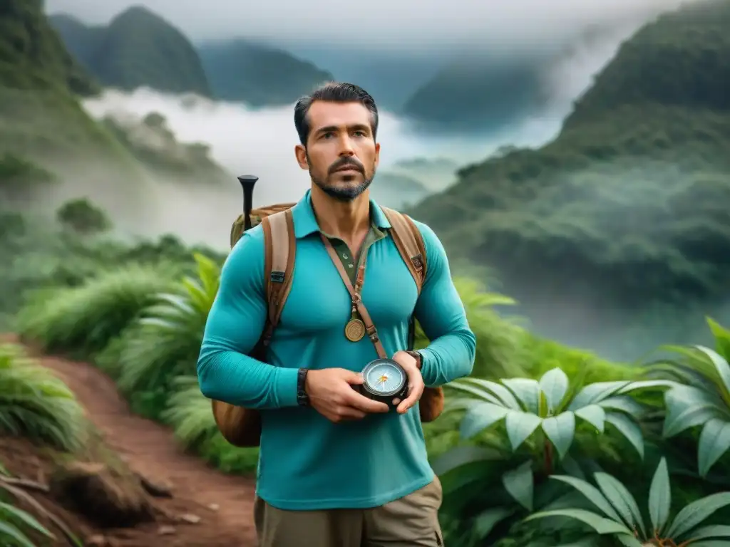 Experto navegante uruguayo en la selva: destreza y naturaleza exuberante Un experto navegante uruguayo, con técnicas de orientación en selva, destaca entre la exuberante vegetación con brújula en mano