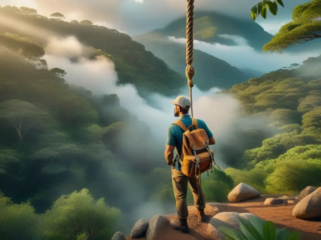 Experto en nudos: demostración en la selva uruguaya Un experto en nudos y amarres para camping demuestra técnicas detalladas en la selva uruguaya