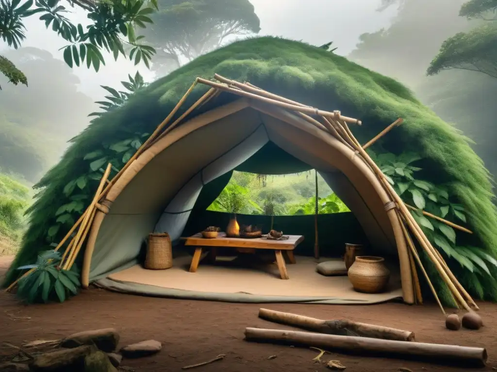 Experto en bushcraft construyendo refugio tradicional en Uruguay Un experto en bushcraft en Uruguay construye refugio tradicional con ramas y hojas