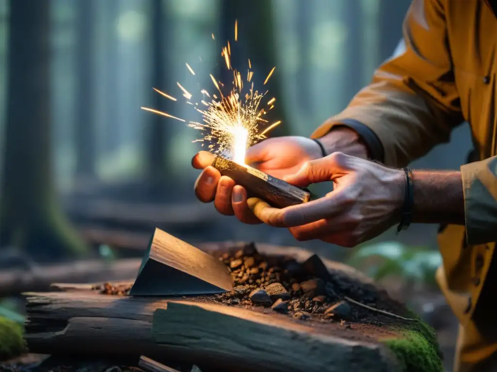 Chispas de supervivencia: la destreza ancestral en la naturaleza Un experto en supervivencia enciende fuego en el bosque
