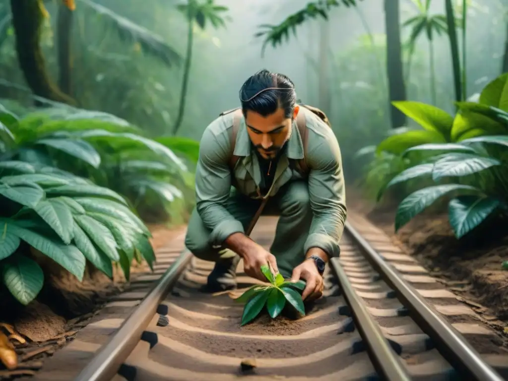 Experto rastreador en la selva de Uruguay Experto en técnicas de supervivencia en Uruguay rastreando huellas de animales en la selva uruguaya