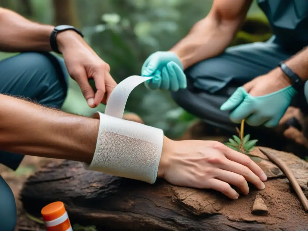 Demostración de primeros auxilios en la naturaleza: Uruguay Un experto aplica vendaje en un entorno salvaje en Uruguay, resaltando técnicas de primeros auxilios y preparación para emergencias