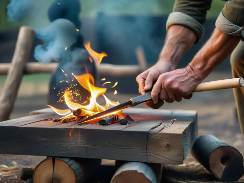 Maestría ancestral: creando fuego con arco de madera Expertos en métodos para encender fuego utilizando el arco de perforación, generando chispas en un entorno desafiante al aire libre