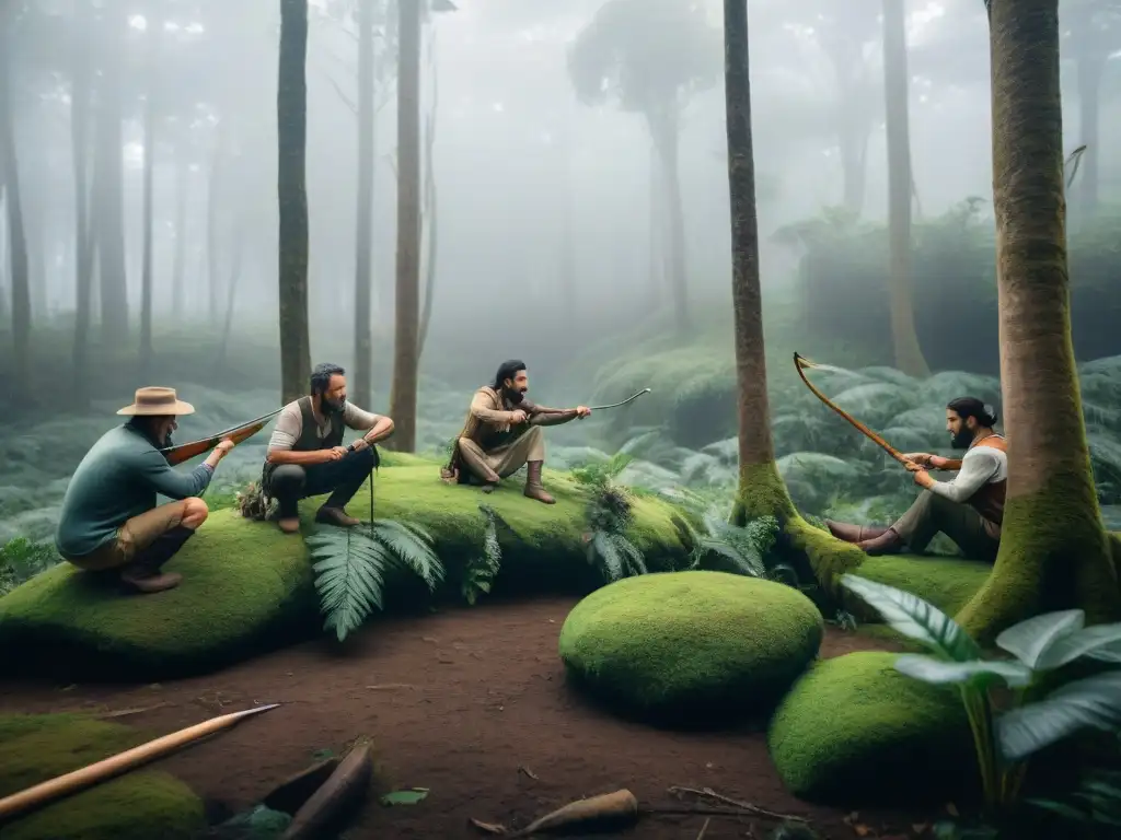 Maestros de caza en la selva de Uruguay: tradición y destreza Expertos en técnicas de supervivencia en Uruguay cazando con arcos y flechas en el bosque exuberante