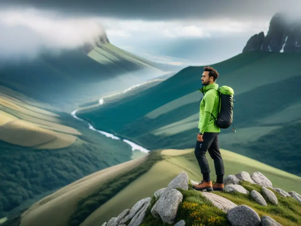 Explorador en acantilado: equipamiento técnico para senderismo en Uruguay Explorador en acantilado uruguayo con ropa técnica camping