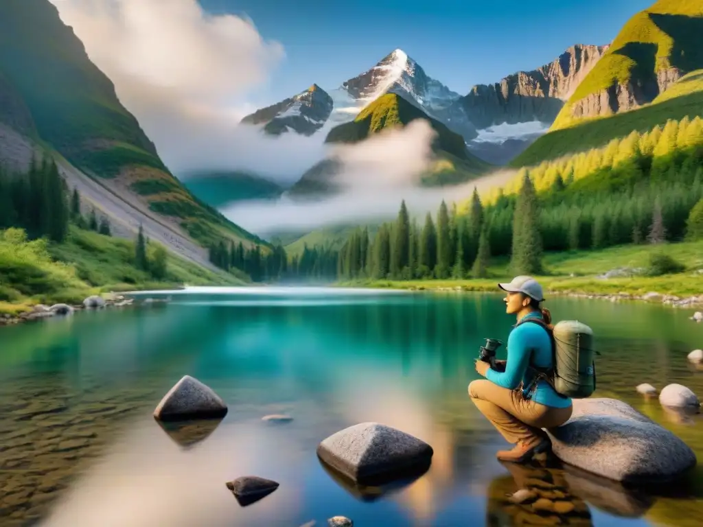 Explorador moderno purificando agua en la naturaleza Explorador filtra agua en arroyo de montaña con sistema moderno